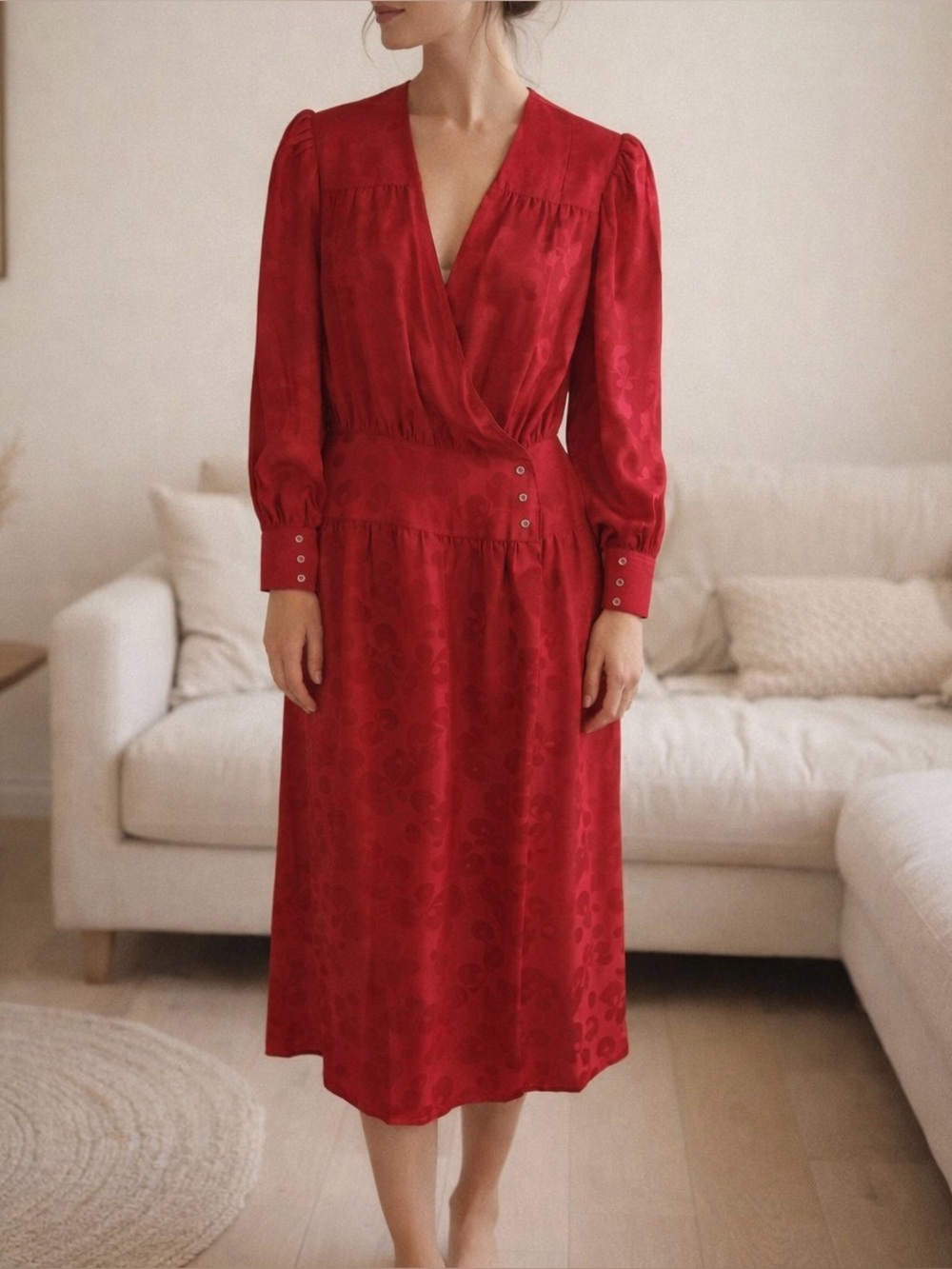 Red Vintage Silk Long‑Sleeve Midi-dress